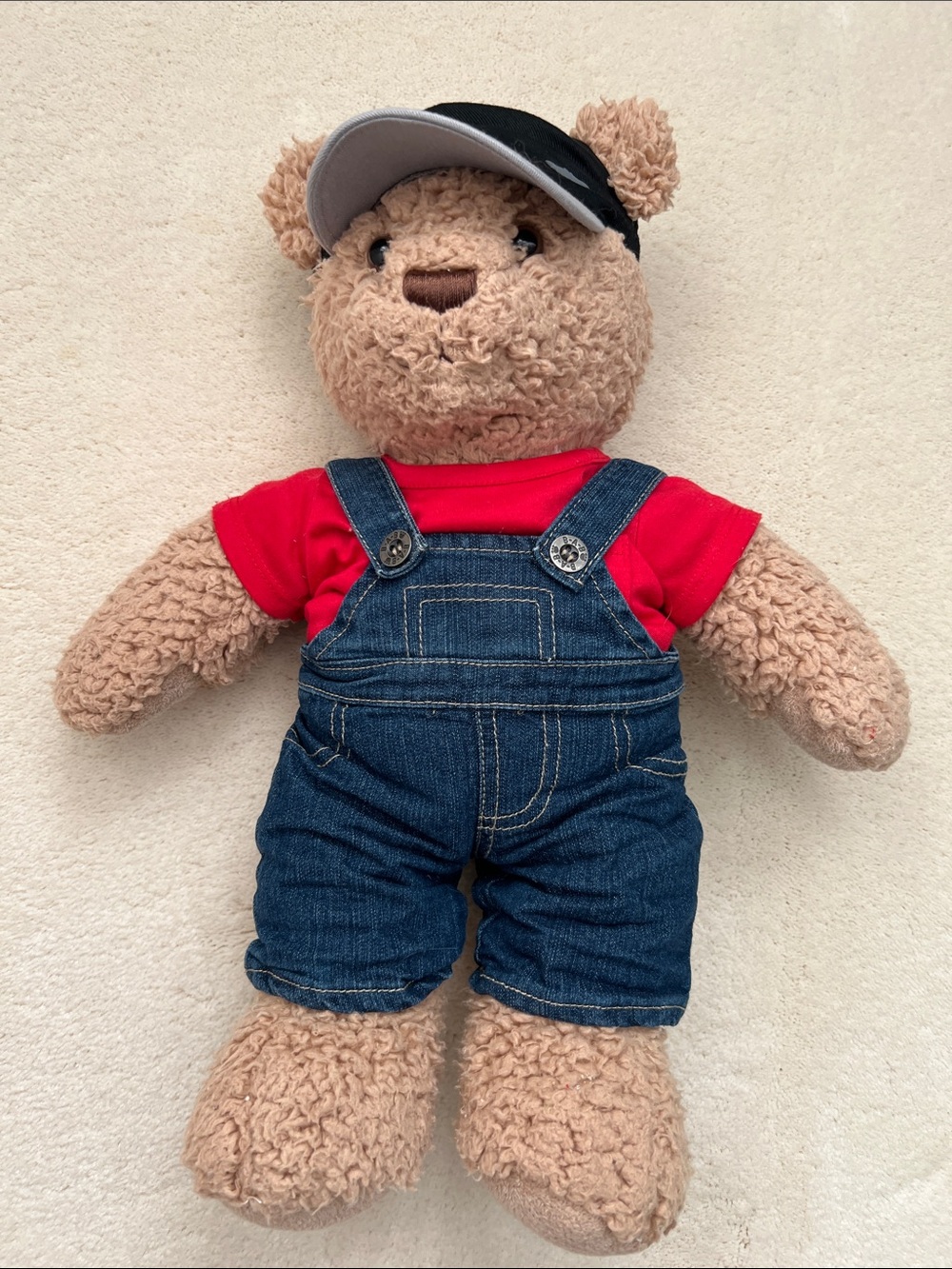 Build-A-Bear Timeless Teddy in Denim Overalls with Red Shirt and Black Cap